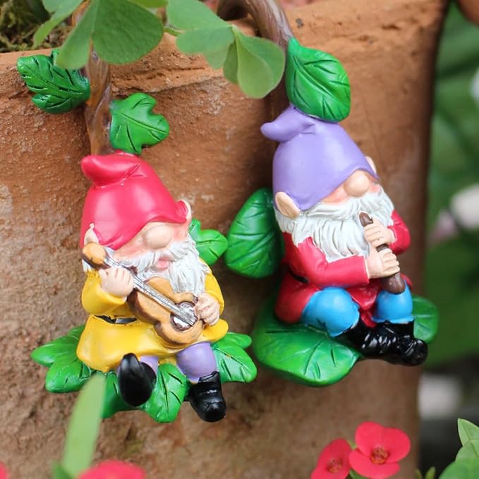 Set of 3 Cute Climbing Gnome Figurines Flower Pot Hugger, Resin Hanging Gnomes Statue Outdoor Decor Fence Ornaments for Patio Lawn Garden Yard (Music Gnome)