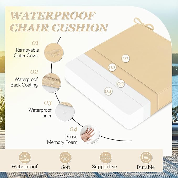 Waterproof Outdoor Chair Cushions Set of 2, Square Outdoor Seat Cushions with Ties and Removable Covers, 19 x 19 Outdoor Cushions for Patio Furniture with Portable Handle(Beige)