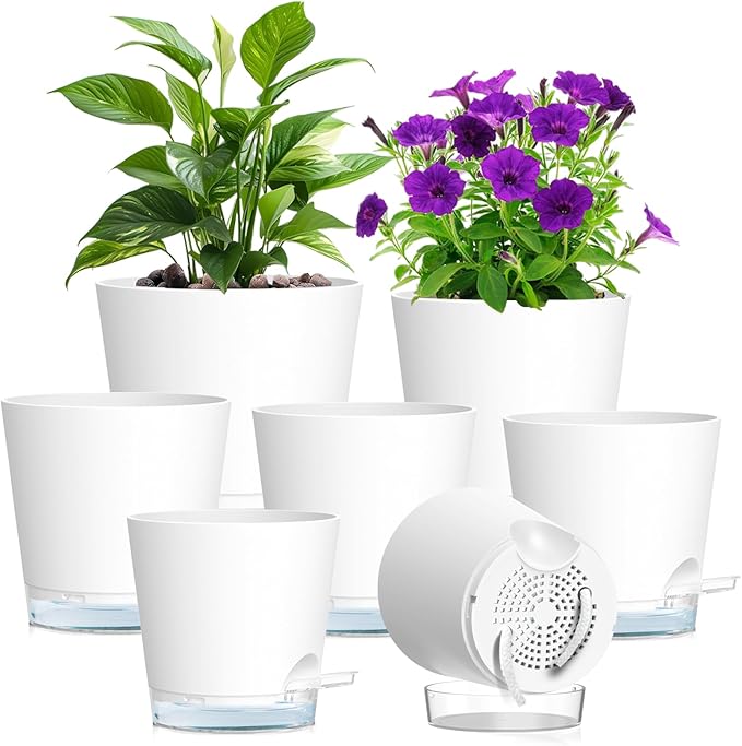 Self Watering Pots Set of 7 – Assorted Size 4" to 8" Indoor Plant Pots with Drainage Holes and Clear Reservoir for Visible Water Level, Plastic Wicking Planter for House Plants & Flower, White