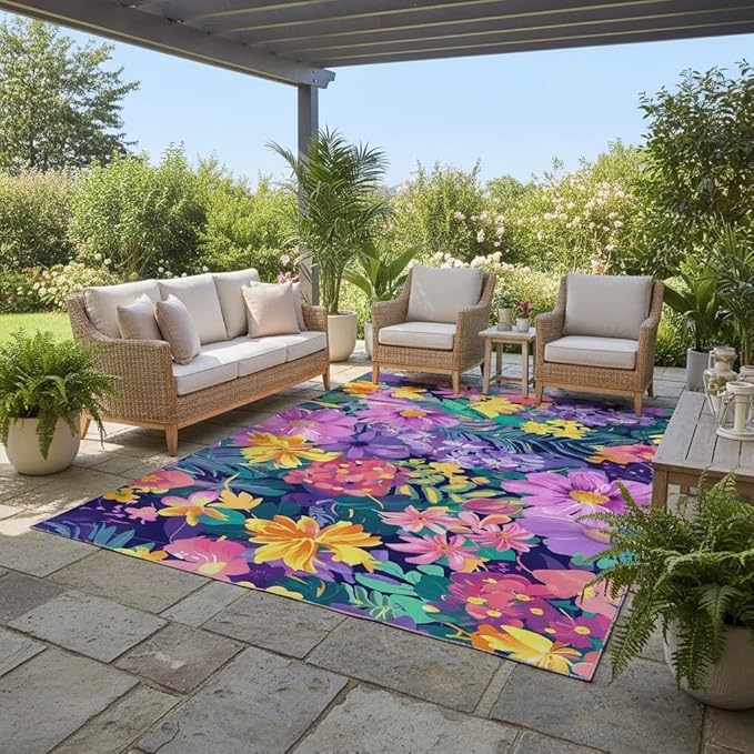 Vibrant Floral Outdoor Rug 8x10 Modern Washable Outdoor Area Rug for Patio Porch Deck Balcony Courtyard Tropical Boho Purple Pink Yellow Flowers Carpet Waterproof Durable Backyard Garden Large Rugs