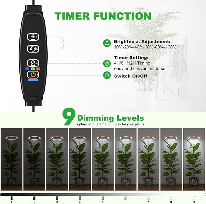 12" Grow Lights for Large Indoor Plants, Full Spectrum Indoor Plant Lights for Indoor Growing,Height Adjustable 15"-65",Timer Auto On/Off 3/9/12H,9 Brightness,Led Tall Halo Grow Light for House Plants