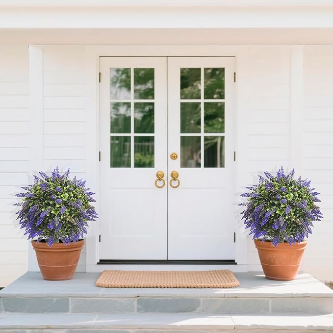 Artificial Boxwood Topiary Ball with Lavender, Set of 2 Artificial Shrub Bushes with Ground Spike, Fake Evergreen Tree for Porch, Artificial Plants for Outdoor Planters Indoor UV Resistant