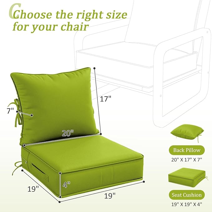 Outdoor Patio Chair Cushions Set 19 L X 19 W X 4 H Inch Waterproof & Fade Resistant Deep Seat and Back Cushions with Removable Covers Outdoor Seat Cushion Set for Chairs and Sofas