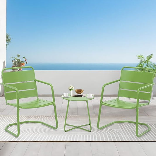 MELLCOM 3 Piece Patio Set, Small Patio Furniture Set - 2 C-Spring Metal Chairs with Round Side Table, Outdoor Bistro Set for Balcony, Front Porch, Poolside, Garden, Deck, Green