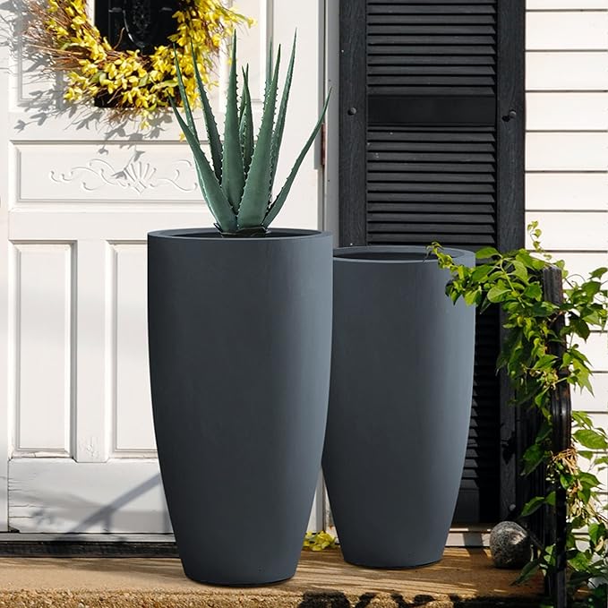 Kante 31.4" and 23.6" H Charcoal Finish Concrete Tall Planters Large Outdoor Indoor Decorative Plant Pots with Drainage Hole and Rubber Plug, Modern Tapered Style for Home and Garden