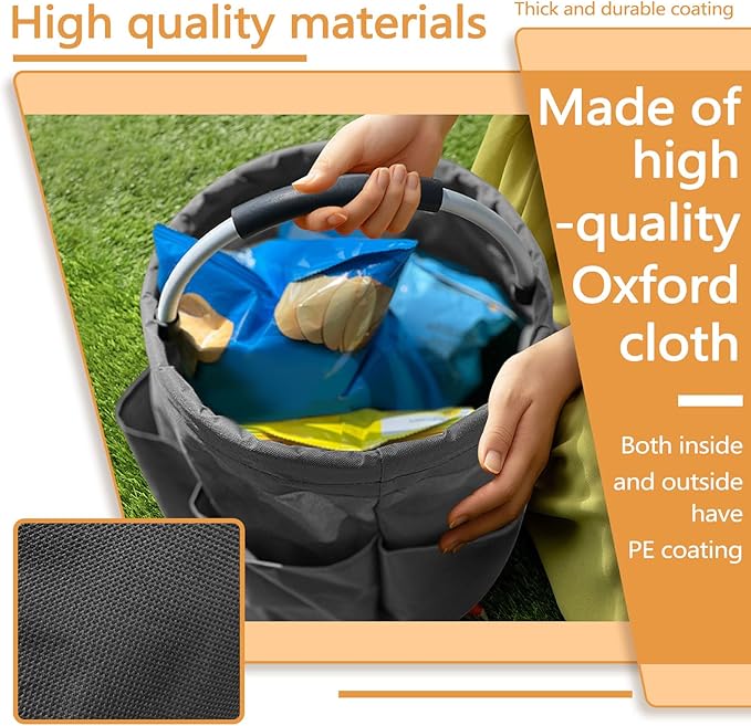 Deep Gray 17 L Picnic Garden Tool Bag with 6 Pockets, Foldable Bucket Organizer for Storage Camping Home Cleaning Products, Portable Garden Caddy Tote with Handle Harvest Basket (Deep Gray)