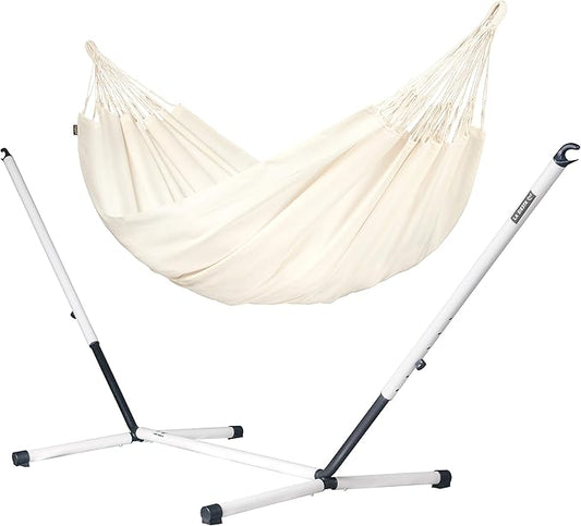 LA SIESTA® - Large Double Brisa Classic Hammock & Nautico Steel Stand - Weather & Tear Resistant Portable Hammock w/Stand - Balcony Porch Garden Outdoor Indoor Hammock - 2-Person Max 355 Lbs, Vanilla