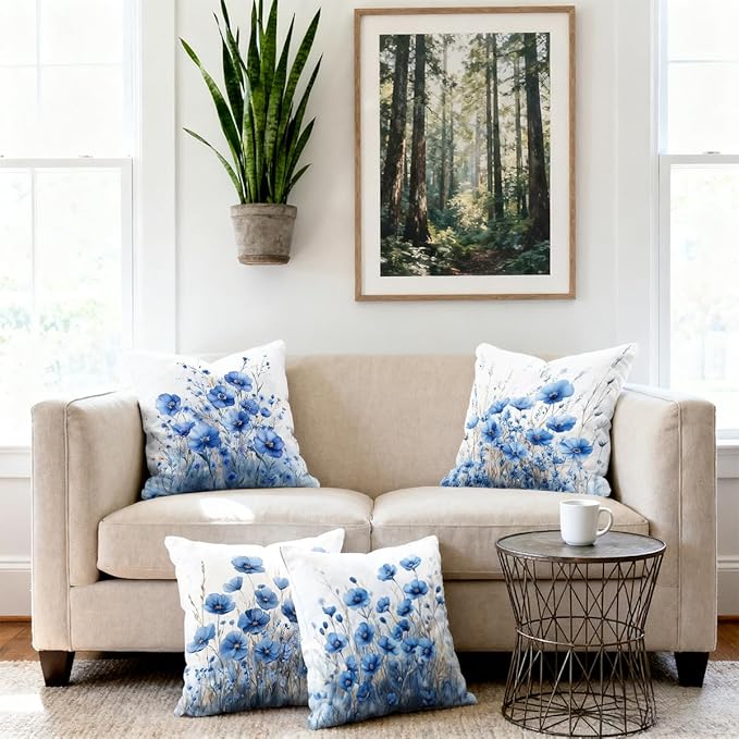 Blue Flower Pillow Covers 18x18 inch Set of 4, Modern Minimalist Botanical Decorative Throw Pillow Cases Holiday Decorations for Sofa Couch Farmhouse Home
