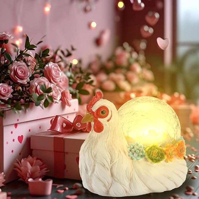 Solar Hen Garden Statue Lights for Outdoor Decor with Cracked Glass LED Ball Figurine Lighting Resin Succulent White Chicken Decorations for Patio Lawn Yard Valentine Gifts for Mom Wowen