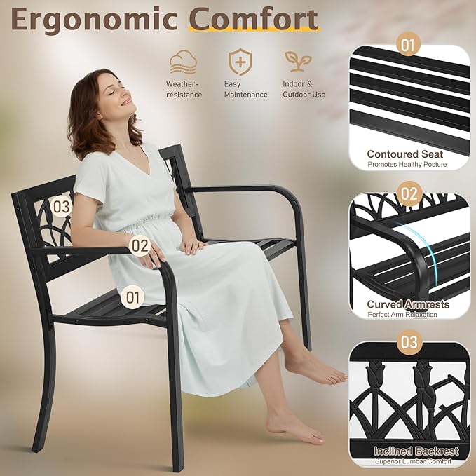 Outvita Outdoor Bench, 50" Iron Steel Frame Garden Bench with Tulip Pattern and Plastic Backrest Armrests, Patio Bench for Garden Park Yard Front Porch Patio, Black