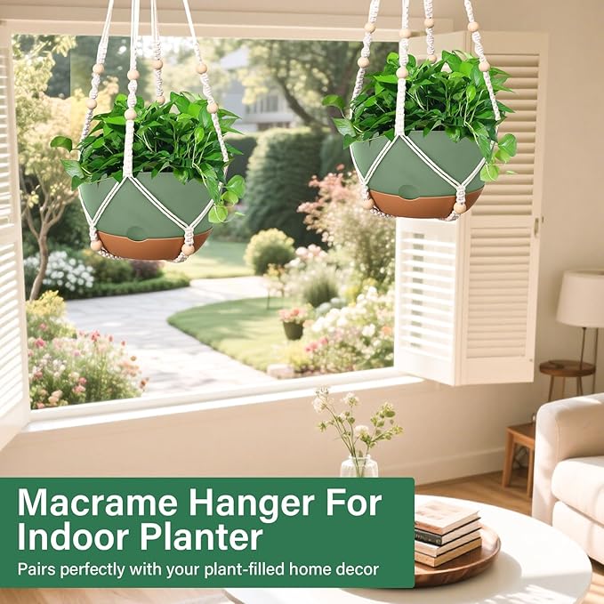 Hanging Planters for Indoor Plants, 2 Pack 10 Inch Self Watering Hanging Pots for Plants with Drainage Holes, Indoor Outdoor Hanging Flower Pots for Home Garden Ceiling Decor (Green)