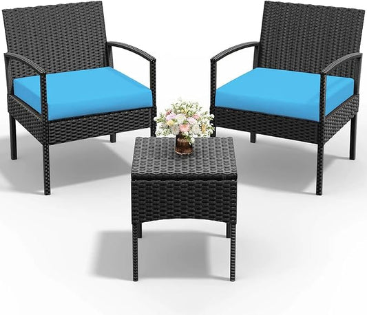 PROHIKER Patio Porch Furniture Set, 3 PCS Outdoor Patio Furniture with Rattan Chairs, Table, Blue Cushions for Garden Porch Balcony Yard