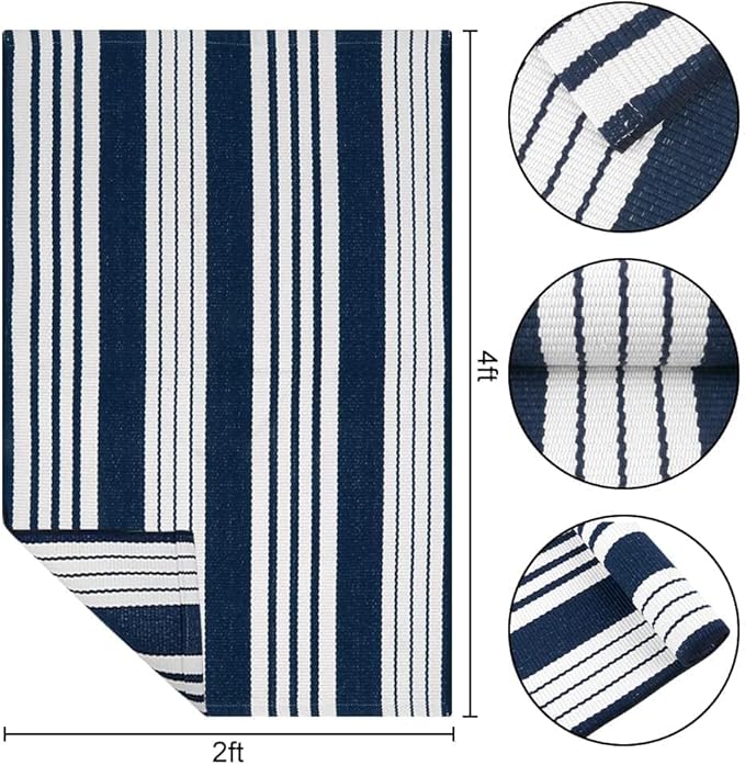 OJIA Outdoor Entryway Rug 24''x51'', Machine Washable Front Door Mats Cotton Woven Blue and White Outdoor Rugs Porch Rug Striped Kitchen Runner Indoor Door Mat for Farmhouse/Entry/Home Entrance