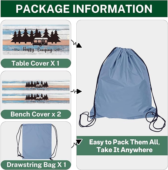 Picnic Table Cover with Bench Covers Elastic Edges, Blue Camper Fitted Table Cover, Outdoor Patio Camping Essentials 72 Inch 3PCS, Waterproof Camping Fitted Tablecloth with Drawstring Bag
