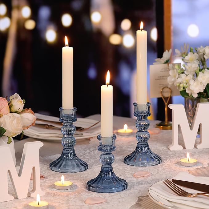 DARJEN 6Pcs Blue Candlestick Holders Set - 4" H & 5" H Striped Taper Candle Holders Bulk, Glass Candle Holders for Wedding, Festival, Party, Table Centerpiece, Gifts