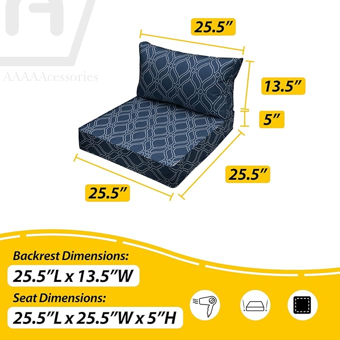 AAAAAcessories Outdoor Seat Cushions for Chairs, Fade-Resistant, Waterproof Patio Furniture Replacement Cushions, 25.5" x 25.5" x 5" + 25.5" x 13.5", Slate Blue Vine Trellis