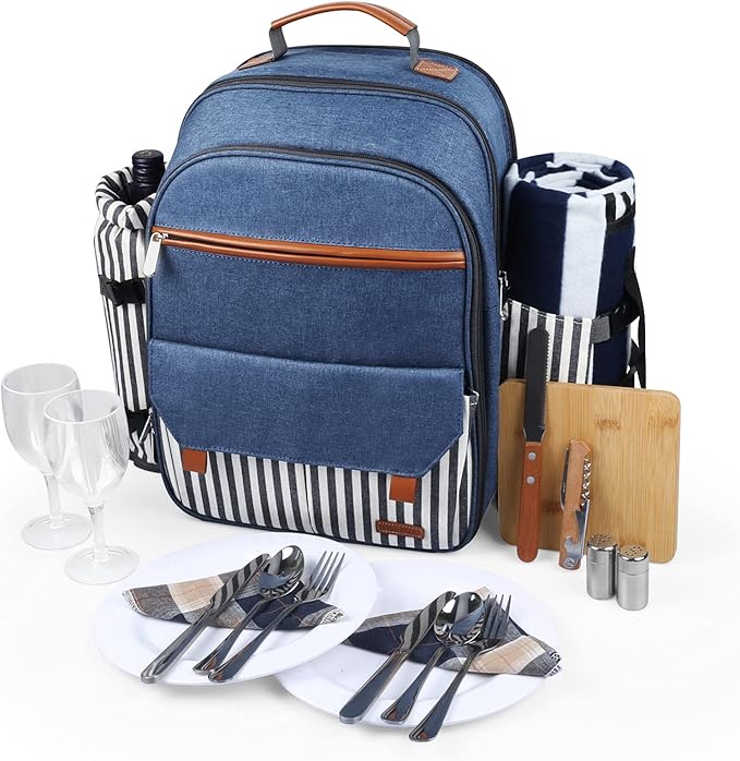 Sunflora Insulated Picnic Backpack for 2 Person Bag with Cooler Compartment, Blanket and Stainless Steel Cutlery Set for Couple, Lovers and Friends (Blue & Stripe)