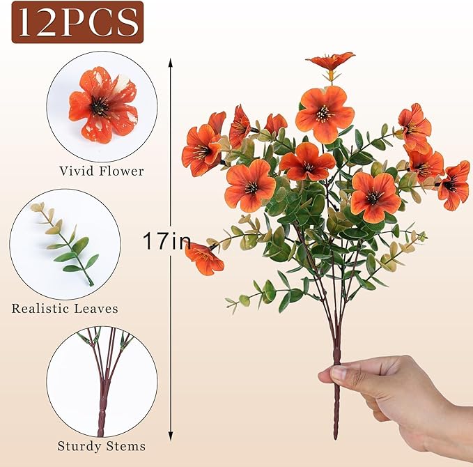 Artificial Flowers for Outdoor Fall Decoration-Faux Flower Petunia with Eucalyptus Fake Plants Boxwood for Front Door Planter Home Garden Porch Patio Thanksgiving Autumn Decor-12 Bundles (Orange)