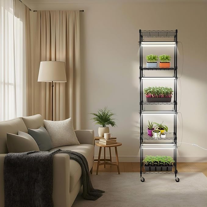 SOLIGT Plant Shelf with Grow Lights, 5 Tier Grow Light Stand Rack with 8 Pack 16“ 6000K T5 Full Spectrum Led Grow Lights for Indoor Plants, Seed Starting, Seedling Growing, Timer Included