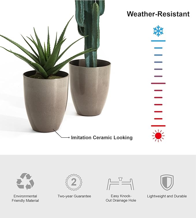 Glitzhome 16.75" H Tall Outdoor Planters Set of 2, Large Planters for Outdoor Plants, Modern Faux Ceramic Texture Round Tall Planter with Drainage Holes,Large Flower Pots for Indoor Garden,Sand Beige