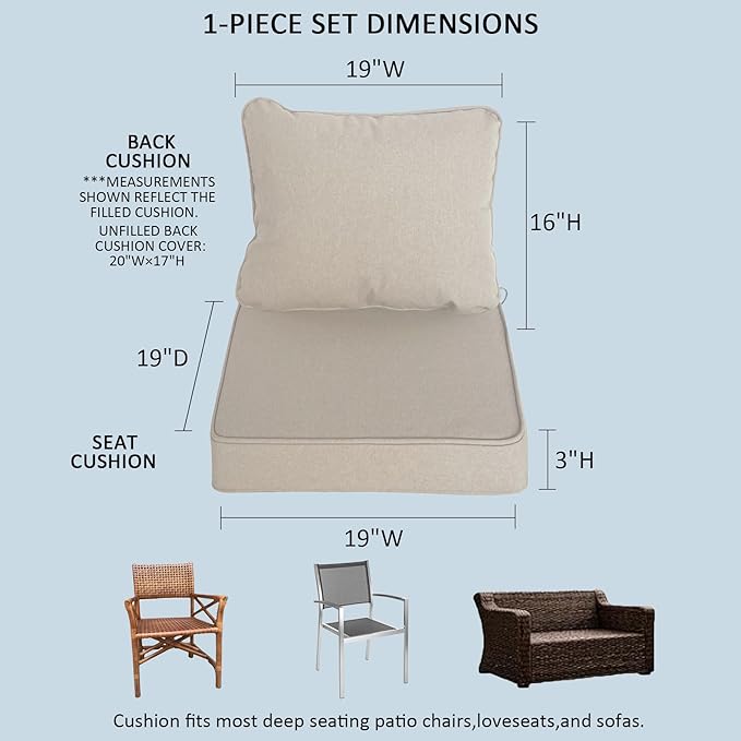 19"x19" Outdoor Universal Cushion Set of 1, Patio Cushions with Handles & Ties, Water-Proof Stain-Resistant UV Resistant Weather Resistant High Resilience Foam,Natural Linen