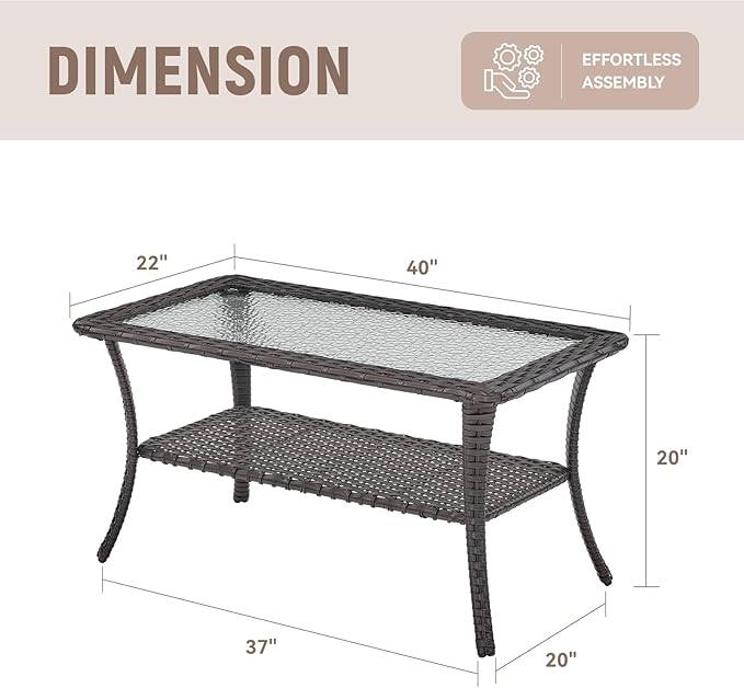 Patio Coffee Table Wicker Table Outdoor PE Rattan Glass Top Table with Storage Shelf Rectangle Patio Outdoor Coffee Table for Patio Garden Balcony Porch Deck Poolside, Brown