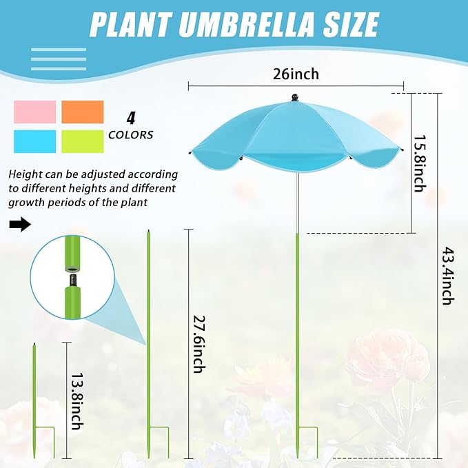 4 Pack Upgraded Plant Umbrellas for Outdoor Plants, 26" Larger Garden Plant Umbrella Shade with Adjustable Angle, 43.4" Higher Sun Shade for Plants, Potted Plant, Garden Beds