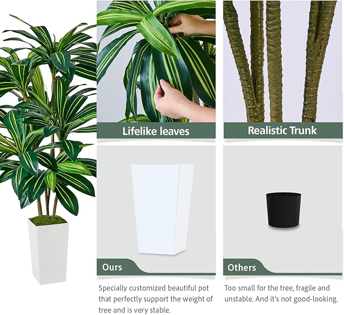 Artificial Dracaena Plant 5FT - Fake Tree with Tall Planter and Fairy Lights, Artificial Trees Faux Yucca Plants Indoor, Fake Plants for Home Office Living Room Decor Christmas