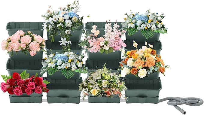 Vertical Wall Planter for Indoor Plant-Walls Mounted Pot with 4 Drainage Tray 16 Pack, 13 inch Dark Green for Decor, Plastic Pots Balcony Planters, Plants Hanging (16, Army Green)