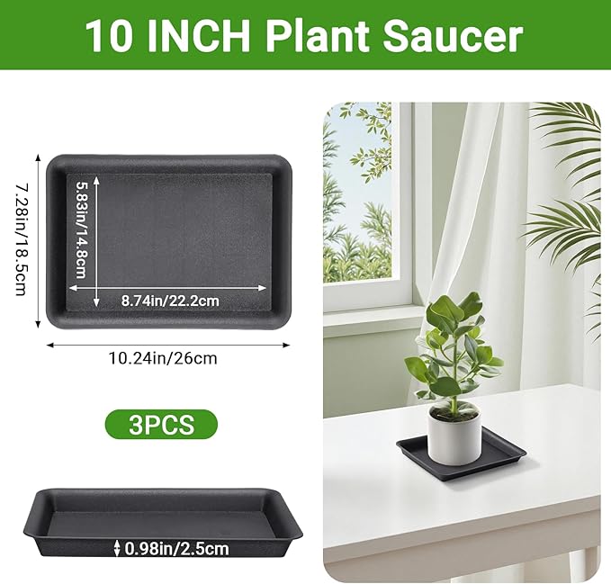 GREANER 10 Inch Plastic Plant Tray Saucer Rectangular, Black Heavy Duty Plant Trays No Holes, Humidity Trays for Indoor Outdoor Plants(3 Packs)