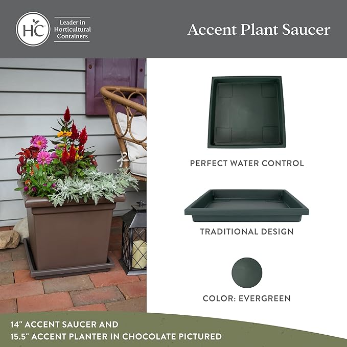 The HC Companies 14 Inch Accent Square Plant Saucer, Lightweight UV-Resistant Plastic Outdoor & Indoor Flower Pot Tray, 2-Pack Plant Pot Trays for Garden & Home Decor, Evergreen