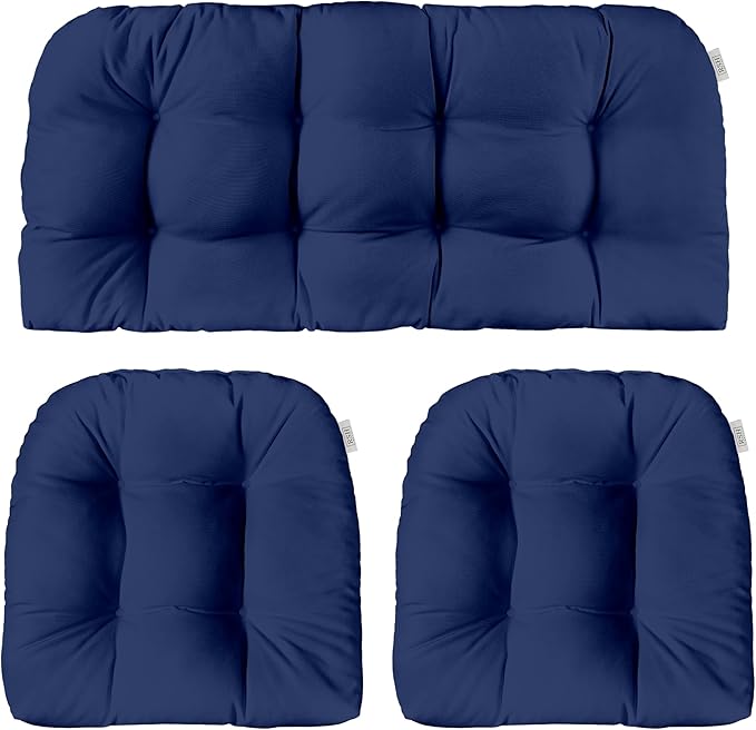 RSH DECOR: 3-Piece Wicker Tufted Cushion Set | 41” x 19" & 19" x 19" | All-Weather Spun Fabric | Water Resistant | Outdoor Loveseat & U-Shape Cushions for Patio Furniture | Navy Blue - Made in USA