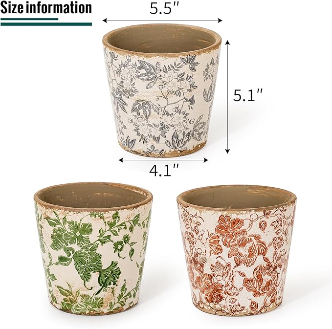 Sungmor Vintage Ceramic Planter Set of 3 - Decorative Indoor & Outdoor Flower Pots with Drainage Holes - Tuscan Décor Pots, 5.5" Ice Crackle Glaze Planters for Home, Kitchen, Patio, and Garden