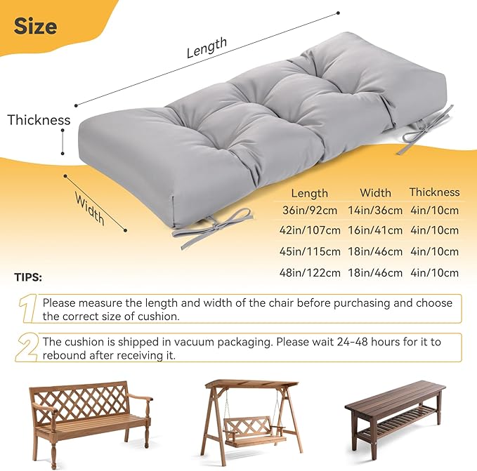 ROFIELTY Outdoor Bench Cushion, Waterproof/Sun-Proof Fabric, Tufted Bench Cushion with 2 Ties, Suitable for Outdoor Garden Bench/Swing/Indoor Furniture (Light Gray, 36×14×4)