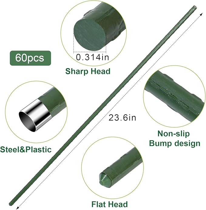 Tool Garden Stakes Kit Sturdy Green Plant Sticks Supports with Plastic Coat Plant Climbing Frame with Tie Set for Vegetable Tomato Outdoor Gardening Supplies(Green,2ft)