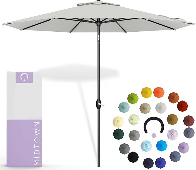 Midtown Umbrellas 10-Year-No-Fade - 8 Ft - UV Proof Off White Polyester Fabric - Umbrella Outdoor Patio, Auto-Tilt Aluminum Frame Patio Umbrella for Garden, Pool & Deck - Black Pole