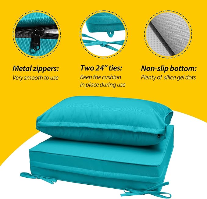 AAAAAcessories Outdoor Deep Seat Cushions, Waterproof, Fade-Resistant Patio Furniture Replacement Cushions, 25.5" x 25.5" x 5" + 25.5" x 13.5", Set of 4, Turquoise Blue