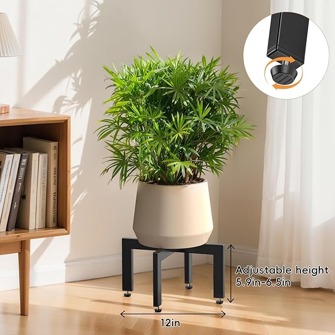 Adjustable Plant Stand Indoor Outdoor,Metal Modern Plant Stands, Plant Stand with Adjustable Feet,Low Short Plant Stands,Fit 8-12 inch Pots,Black (Pot & Plant Not Included)
