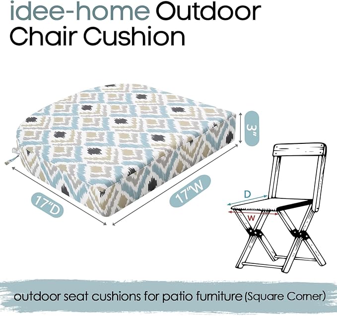 idee-home Outdoor Chair Cushions Set of 2, Thick 17" x 17" x 3" Outdoor Seat Cushions Patio Furniture Waterproof with Ties, Dining Pads