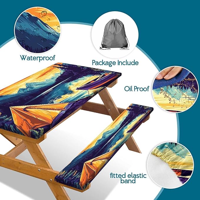 3PCS Picnic Table Cover with Bench Cover Forest Landscape Boat Tent Pattern Camping Tablecloth Fitted Picnic Table Cover with Elastic Windproof Waterproof, Outdoor & Garden Camping Accessories 96IN