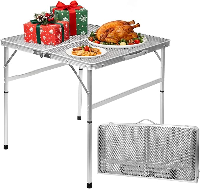 Square Folding Card Table with Adjustable Height (12" & 26"), Silver Portable Metal Mesh Table for Camping, BBQ, Picnic, Game, Patio & Indoor Use, Fits 2–4 People, Lightweight 7.6 lb, Supports 66 lb