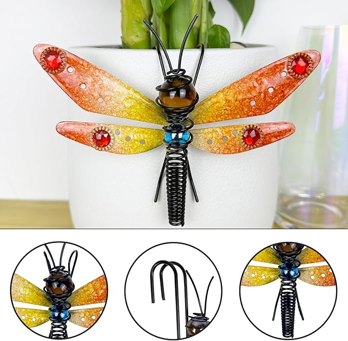 3-Piece Dragonfly Pot Decor - Iron and Glass Painted Hanging Dragonfly Ornament, Plant Pot Hanging Decoration, Outdoor Garden Decor