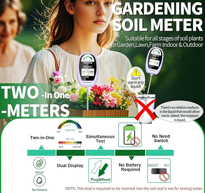 HSLGOVE Soil Test Kit, 2-in-1 Soil Moisture Meter/Soil PH Meter, Dual Screen Soil Tester, Soil Moisture Meter for Plants Watering/Gardening for Lawn,Farm Indoor&Outdoor Use-PalePurple