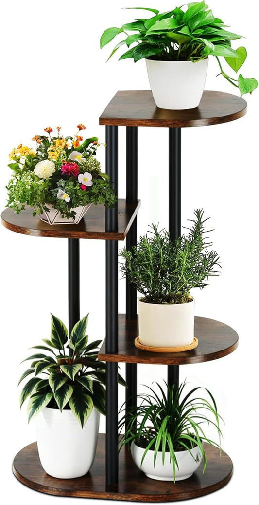 Tiered Plant Stand Indoor, Tall 4 Tier 5 Potted Wooden Plant Shelf for Multiple Plants, Multi Plant Holder Indoor for Patio Garden Patent Design Living Room Bedroom, Rustic Brown