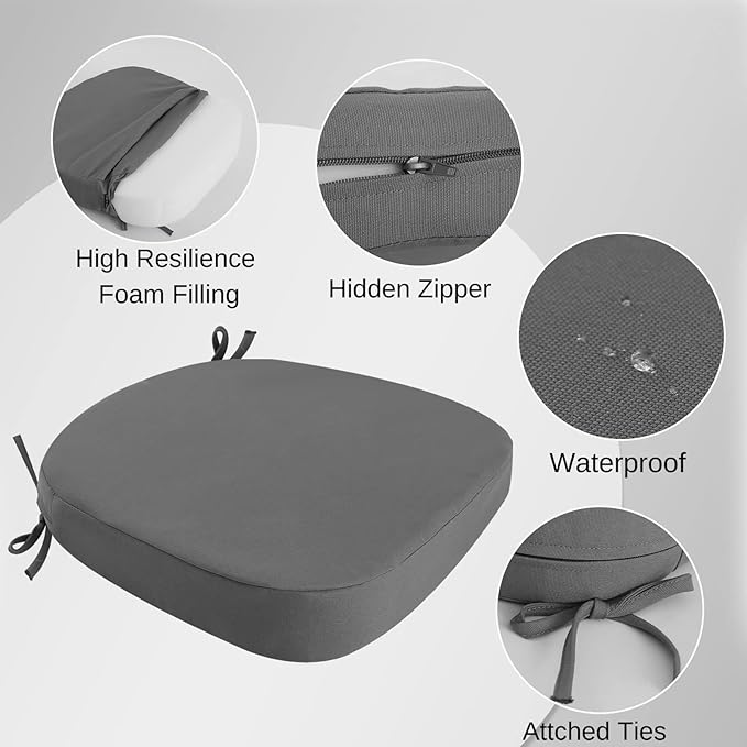 idee-home Outdoor Chair Cushions Set of 4, 19" x 19" x 3" Thick D-Shaped Patio Furniture Outdoor Seat Cushions Waterproof with Ties, Dining Pads