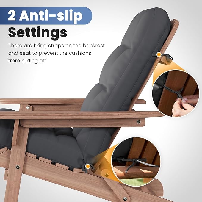 Amopatio Adirondack Chaise Lounge Cushions 4" Thick Set - Outdoor Chair Cushions for Patio Furniture, Contoured Design with Anti-Slip Straps & Water-Resistant Fabric for Adirondack Chairs, Dark Gray