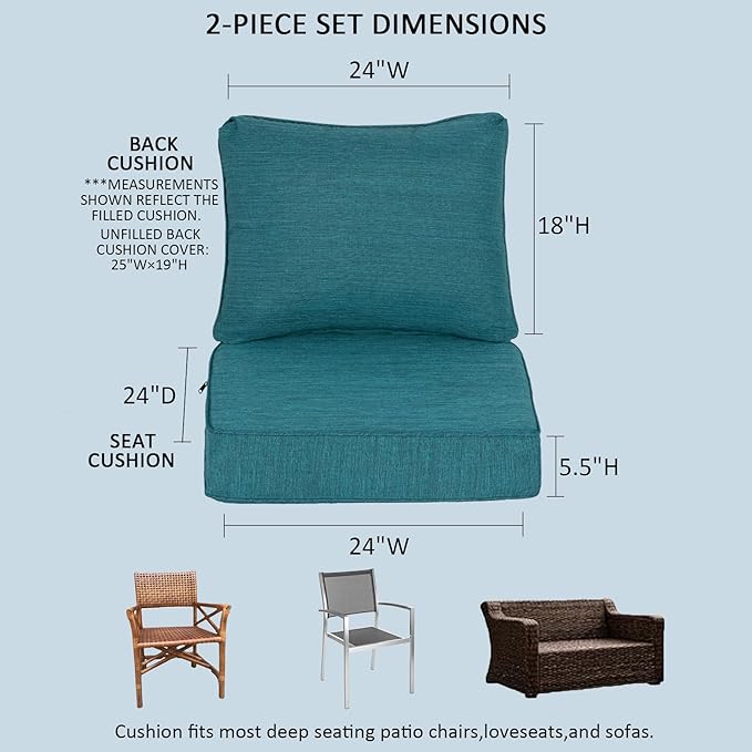 24x24 Inch Outdoor Deep Seat Cushions Set of 2,Thick High-Density Foam, Water-Resistant, Piped Edges & YKK Hidden Zipper for Patio Furniture,Malachite