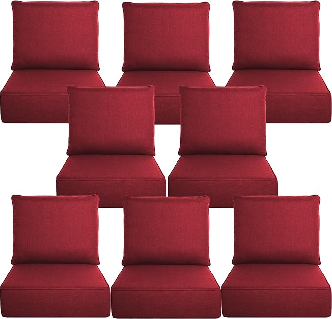 Belord Luxury 6" Thick Outdoor Cushion 8 Set - 22 x24 Inch 28D Sponge Filling Fade-Resistant Chair Cushion, Spill Proof Removable Patio Furniture Replacement Cushion for Sofa Bench Swing - Red