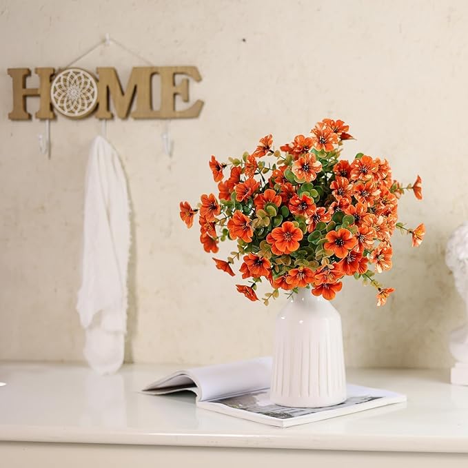 Artificial Flowers for Outdoor Fall Decoration-Faux Flower Petunia with Eucalyptus Fake Plants Boxwood for Front Door Planter Home Garden Porch Patio Thanksgiving Autumn Decor-12 Bundles (Orange)