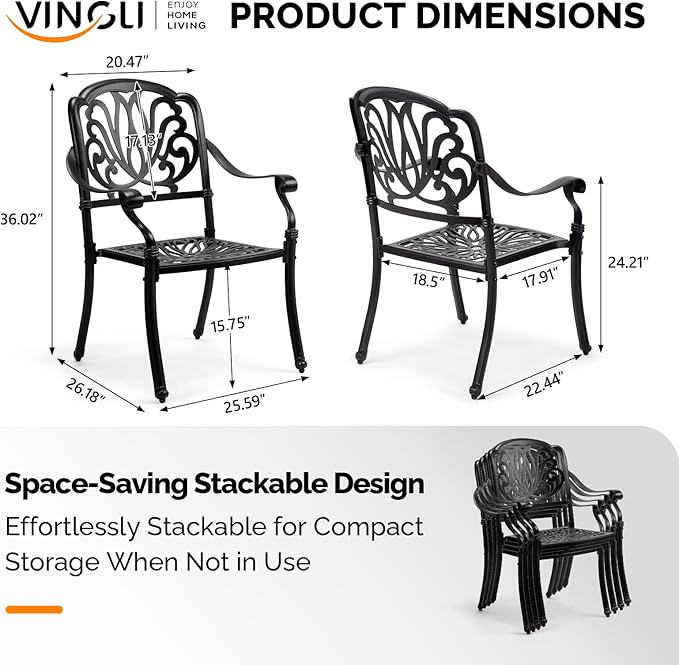 VINGLI Patio Chairs Set of 4 - Stackable Outdoor Cast Aluminum Dining Chairs with Vintage Black Finish and Floral Pattern, Metal Armchairs for Poolside, Backyard, Balcony (No Cushion)